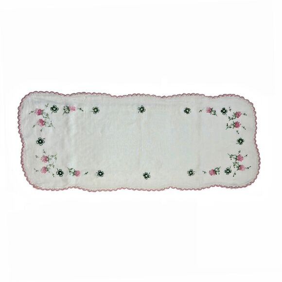 Shamrock Embroidered Linen Dresser Scarf Runner Lace Cottage Core Granny Vtg - Picture 2 of 6